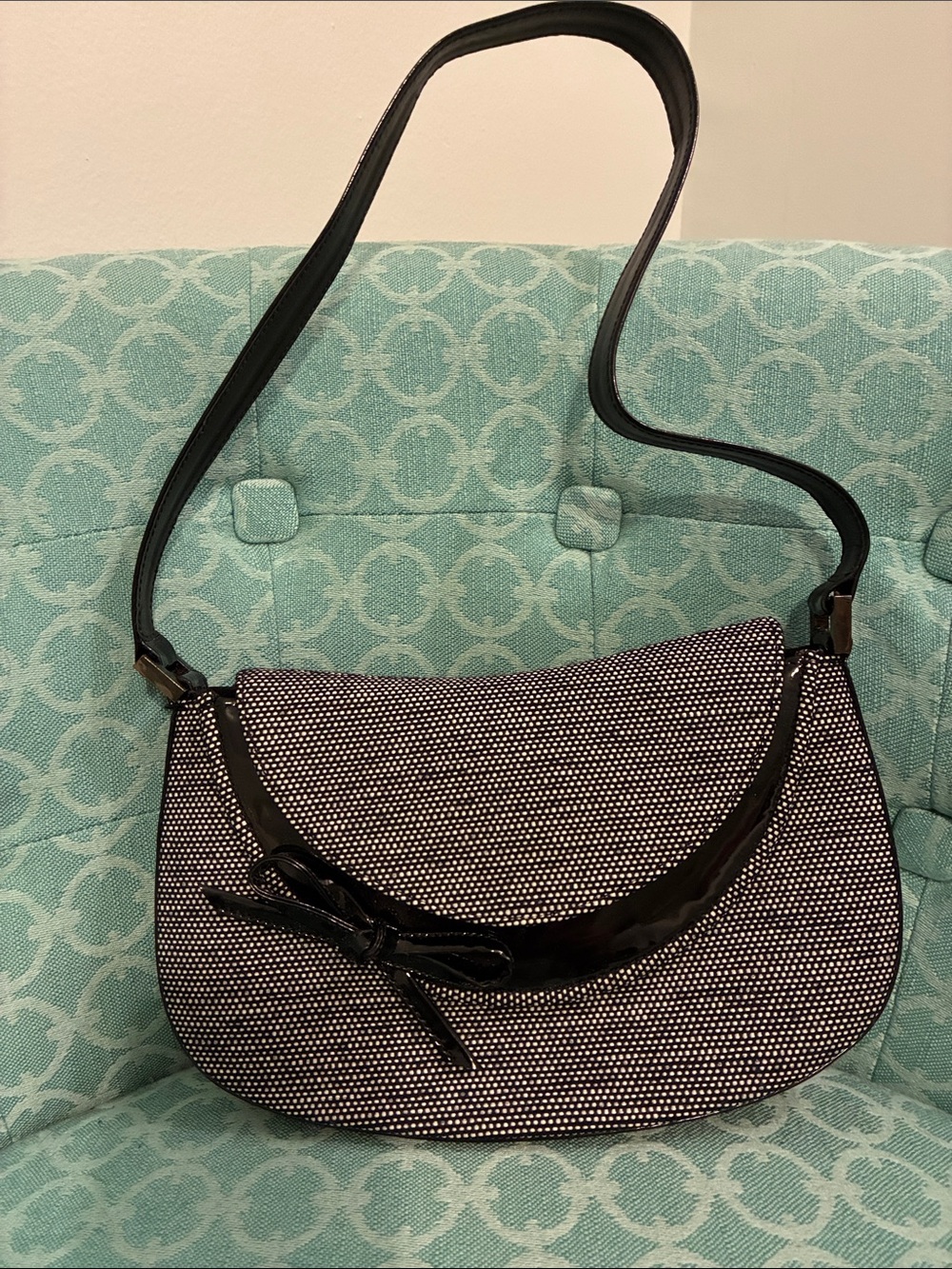 Stuart Weitzman Black and White Woven small Shoulder Bag with Patent Trim.